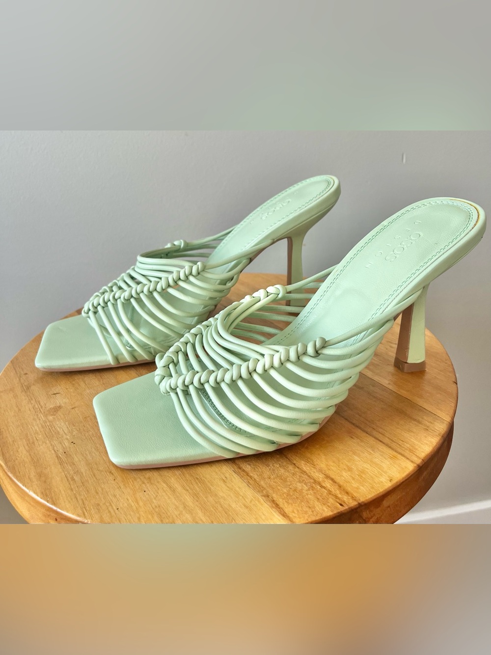 ASOS Mint Green Square Toe Strappy Knot 2.5" Heels Size 7- Fall Wedding Guest